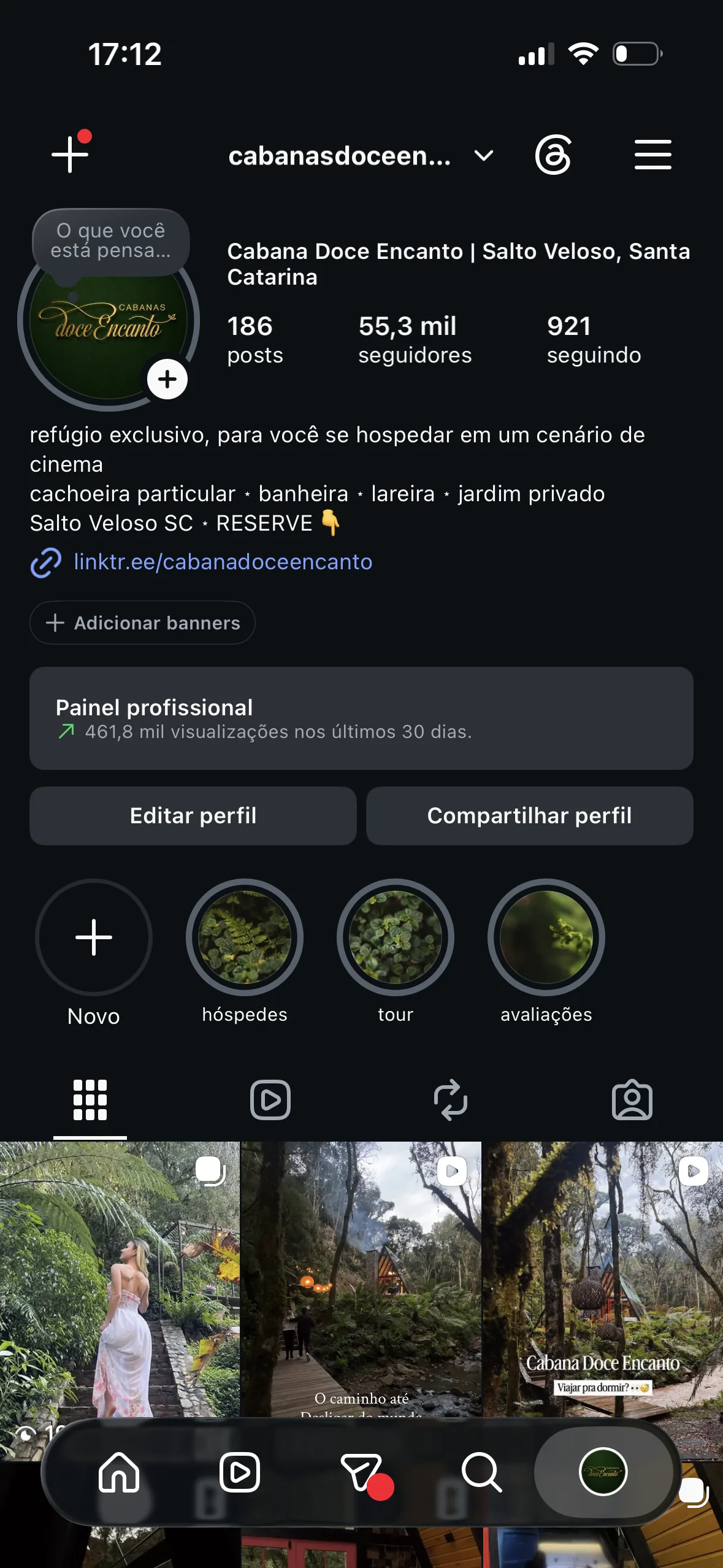 Perfil da Cabana Doce Encanto no Instagram — 55,3 mil seguidores, 461,8 mil visualizações em 30 dias